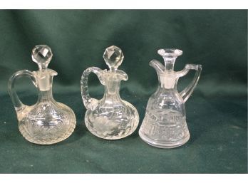 Antique Group Of 3 Clear Cut Glass Cruets With Stoppers  (76)