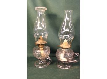 2 Antique Sun Turned Purple Glass Oil Finger Lamps, 12 & 13'H  (with Chimneys)(107)