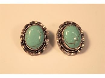 Antique Pair Of Silver & Turquoise Earrings(161)