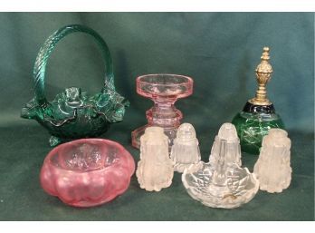 Antique Fenton Basket, Green Etched Bell, Pink Glass, 4 Shakers, Ring Holder   (50)