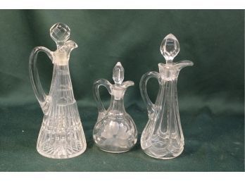 3 Antique Clear Cut & Pressed Glass Cruets With Stoppers  (79)