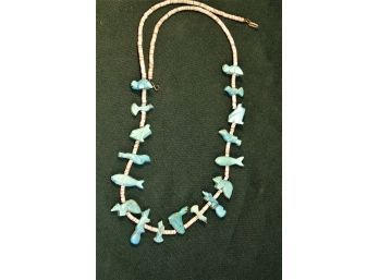 Antique Native American Carved Turquoise  Fetish And Shell  Necklace, 24' Length (177)