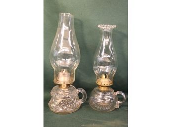 2 Antique  Glass Oil  Finger Lamps, 10 & 11'H (with Chimneys)  (108)