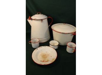 6 Pc White/red Enamelware, Coffee Pot Is 13'H   (313)