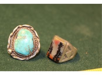 Two Rings:  Antique Navajo Silver And Moss Agate And Silver And Turquoise  (167)