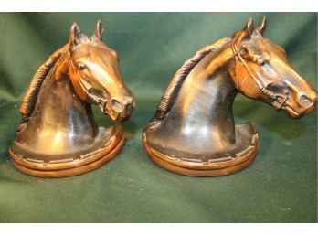 Vintage Pair Of Brass Plated Pot Metal Horse Bookends, 6'H   (378)