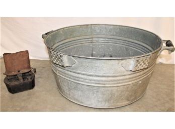 Antique Galvanized 'Micada' Wash Tub W/slats For Washboard & Iron/tin Sad Iron Heater (as Is)   (304)