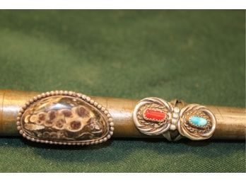 Two Native American Finger Rings, Silver & Gemstones(175)