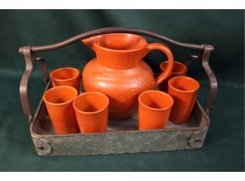 Antique Catalina Pottery - Pitcher & Six 4'H Tumblers On Copper Handled Galvanized Tray, 15'x 10'  (363)