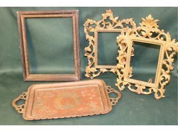 Two Antique Cast Brass Picture Frames, Enameled  Serving Tray, Wood Victorian Picture Frame(209)
