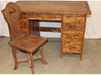 Beautiful  All Over Carved Cherrywood Flat Top Desk And  Carved Matching Chair, 48'x 27'x 30'H  (221)