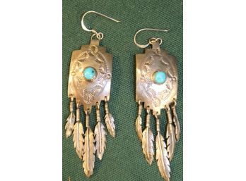Antique Navajo Sterling  & Turquoise Pair Of Earrings, Sgnd  Ben Yazzi (141)