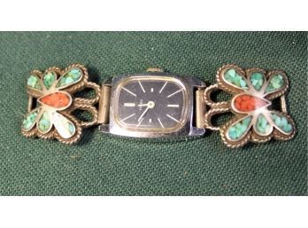 Antique Native American Silver, Turquoise And Coral Watch Ends   Timex Watch(171)