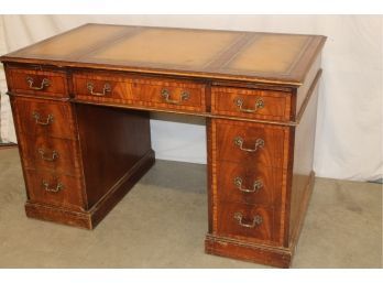 Mahogany Double Bank Flat Top Desk W/Embossed Leather Top, Ca 1940's, Original Hardware  (242)
