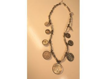 Antique Navajo Silver Necklace With 1925 Peace Dollar And Assorted US Coins, 25' Length  (158)