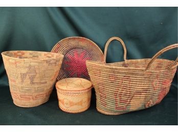 Antique Lidded Basket And 3 Coiled Baskets, Some Damage As Shown  (133)