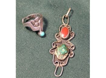 Native American Silver Pendant And Ring  Turquoise And Coral(169)