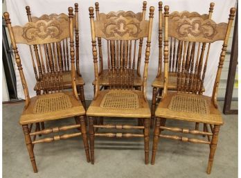 Beautiful Matching Set Of 6 Antique American Oak Pressed Back Dining Chairs, Caned Seats  (366)
