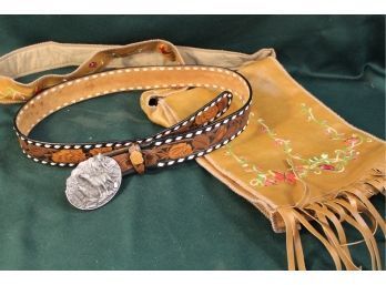 Wilson's Leather Embroidered Western Shoulder Bag & Hand Tooled Leather Belt W/1981 Pewter Buckle   (354)