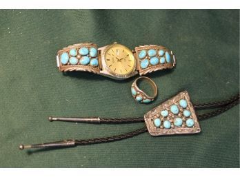 Seiko Quartz Watch, Bolo Tie, Ring W/Turquoise And Silver (85)