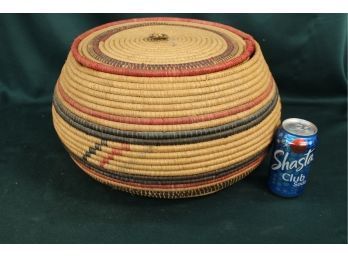 Antique Lidded Large Polychrome Coiled Basket, 16'D  (132)
