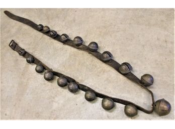 Antique Very Large Graduated Size 19 Engrave Sleigh Bells On Buckled Leather Strap, 90'  Long  (341)
