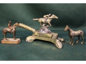 Vintage Equestrian Group: Horse Metal Nutcracker & 2 Horse Figurines (one Marked Dodge)     (381)