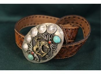 Antique Silver Belt Buckle With Old Nickels, Turquoise & Coral And Vintage Embossed Leather Belt (149)