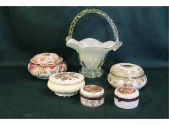 Antique Hand Blown Glass  Basket, 2 Pcs Nippon, Coalport & 2 Hinged Covered Porcelain Boxes (51)