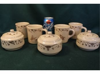 Three 4' Covered Jars, 4 Coffee Mugs, Tepco Western 'Brands' (70)