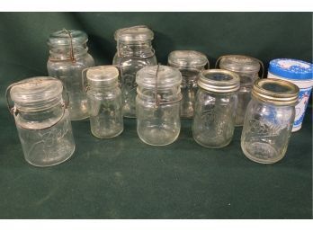Group Of 9 Glass Canning Jars & Tin   (358)