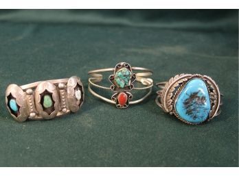 Group Of 3 Unsigned  Antique Silver, Turquoise  & Coral Bracelets148)