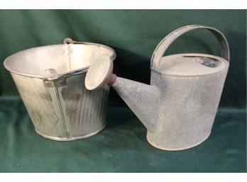 Antique Galvanized Watering Can And Tapered And Handled Bucket, 10'H    (275)