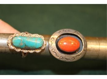 2 Rings:  Antique Silver And Turquoise Finger Ring,  Antique Silver And Coral Finger Ring  (154)