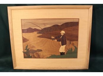 Framed Inlaid Wood Fisherman, Signed, 16'x 13'    (106)