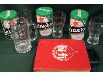 3 Heineken Souvenir Glasses In Tins & 'Hi Fi' Club Case With 13 45RPM Records  (13)