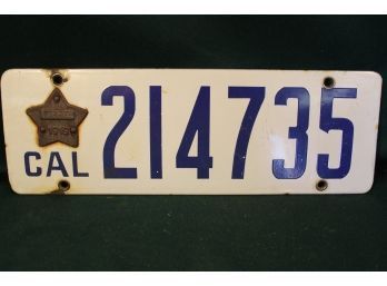 Rare 1919 Sherriff's California Porcelain License Plate With Matching Numbered Badge  12'x 4'    (207)