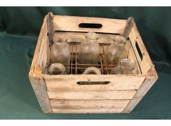 6 Antique Quart Milk Bottles In Hopson Dairy, Anderson Ca. Wood Bottle Holder   (363)