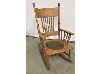 Antique American Oak Double Pressed Back Spindled Arm Rocker W/Embossed Leather Seat, Ca. 1890   (387)
