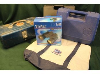 Misc Lot - Metal Tool Box, Vivitar Binoculars, 2 Empty  Hand Gun Boxes, USO Tote  (76)
