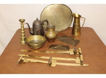 Metal Lot - 13x12 Brass Tray, Brass Bowl, Vase & Candlestick, SP Tea Pot, Silent Butler, Picture Hanger  (83)