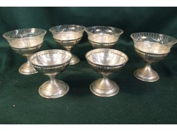 Antique  Sherbet  Set Of  6 Sterling Silver Bases And 4  Etched Clear Glass Glass Inserts   (85)