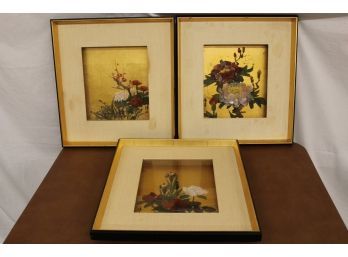 3 Shadow Box Framed Semi Precious Polished Stone Flowers, 16'x 17'   (88)