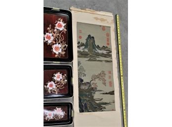 Oriental Panel W/damaged Top -45'x 17' & 3 Japan Trays  (95)