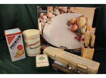 Vintage Grouping: 18' Ceramic Platter, Tins, Girl Scout First Aid Kit, Nutcracker, 8 Knives In Holder  (97)