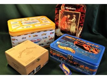 3 Empty Tins & Wood Cigar Box - Tonka Toys, 14x 10'  Hot Wheels 13x 9'  (114)