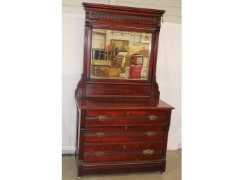 Antique Cherrywood 3 Drawer Flat Front Dresser W/beveled Mirror In Carved Frame, 1880   (136)