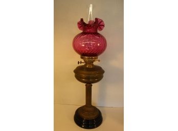 Antique Double Burner Banquet Lamp With Cranberry Shade, Chimney, 29'H  (182)