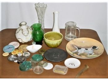Misc Vintage Lot -canning Jar Lids, Plates, Forest Green Vase, More  (5)