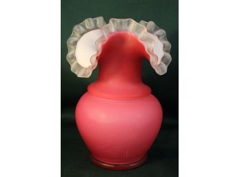 Antique Large Cranberry Cased To Clear, Satin Glass Vase With Ruffled Edge, 10'H  (114)